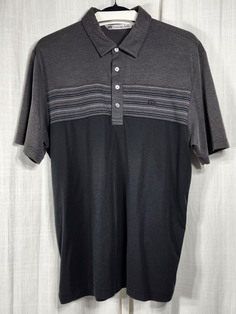 Travis Mathew Gray and Black Striped Chest Polo